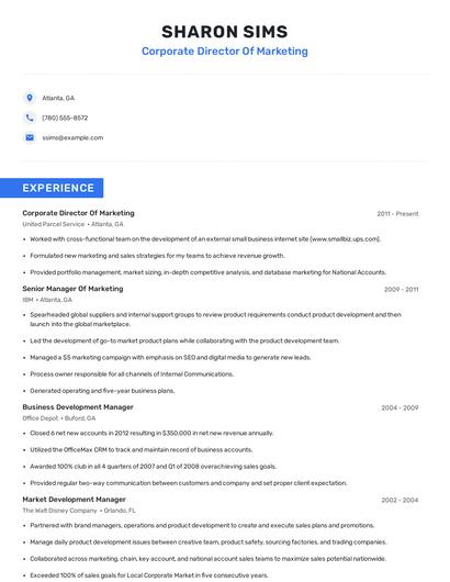 Corporate Director Of Marketing Resume