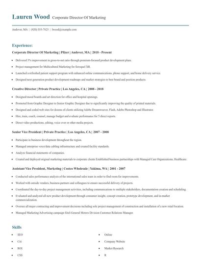 Corporate Director Of Marketing Resume
