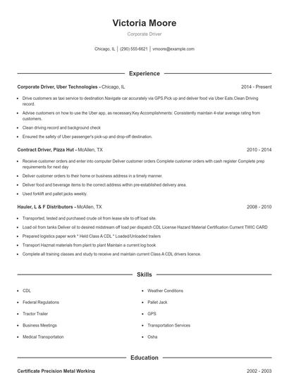 Corporate Driver Resume