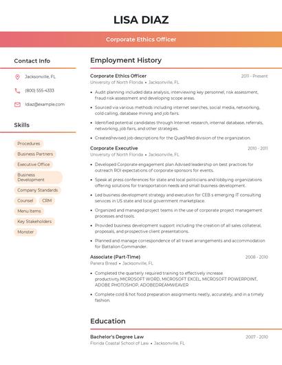 Corporate Ethics Officer Resume