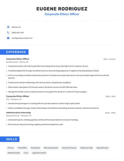 Corporate Ethics Officer Resume