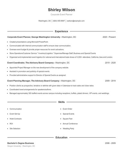 Corporate Event Planner Resume