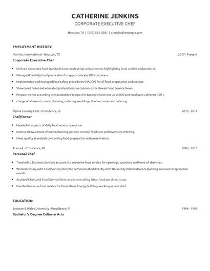 Corporate Executive Chef Resume