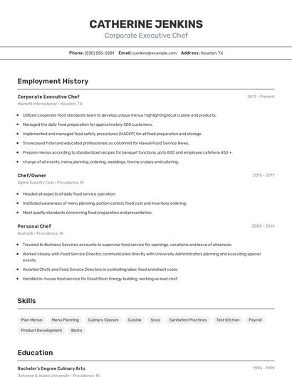 Corporate Executive Chef Resume