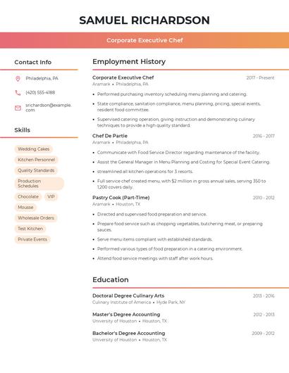 Corporate Executive Chef Resume