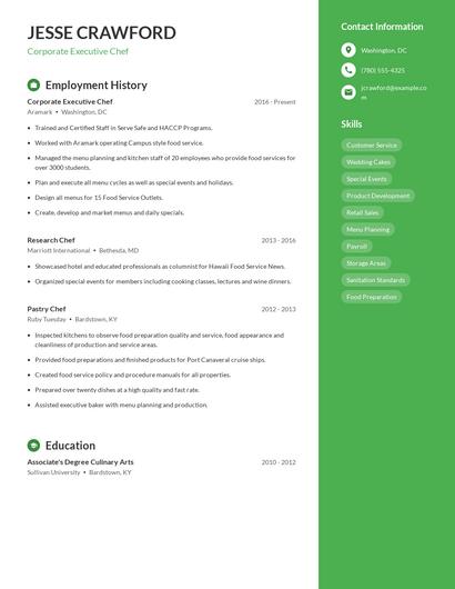Corporate Executive Chef Resume