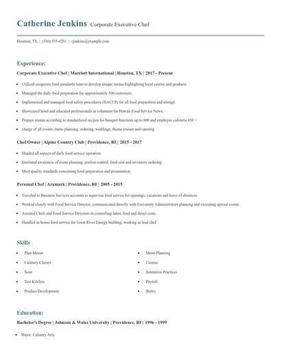 Corporate Executive Chef Resume