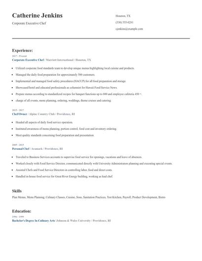 Corporate Executive Chef Resume
