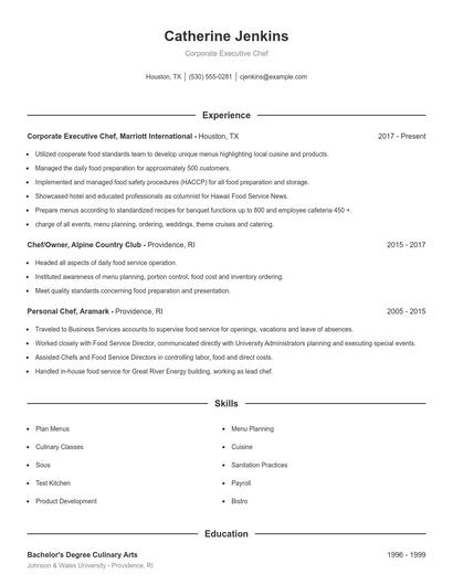 Corporate Executive Chef Resume