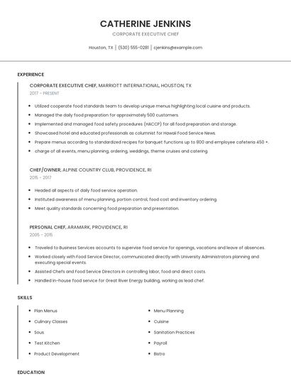Corporate Executive Chef Resume
