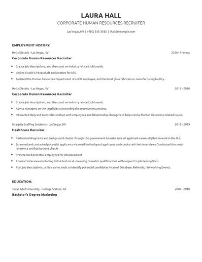 Corporate Human Resources Recruiter Resume