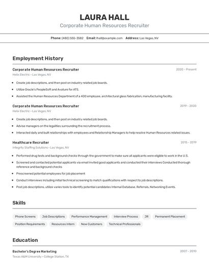 Corporate Human Resources Recruiter Resume