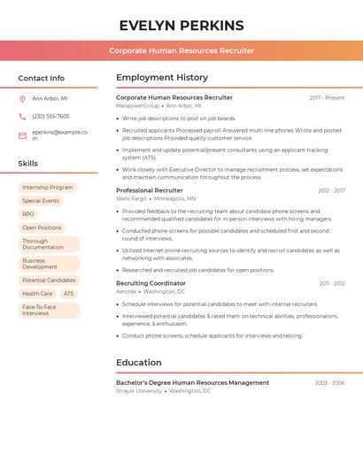 Corporate Human Resources Recruiter Resume