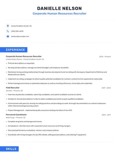 Corporate Human Resources Recruiter Resume