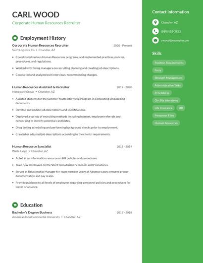 Corporate Human Resources Recruiter Resume