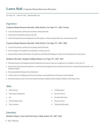 Corporate Human Resources Recruiter Resume