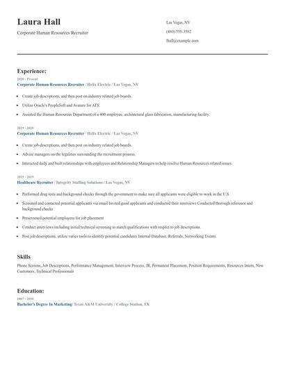 Corporate Human Resources Recruiter Resume
