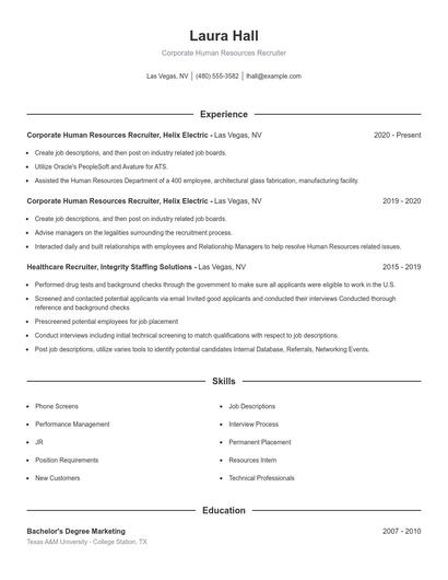 Corporate Human Resources Recruiter Resume