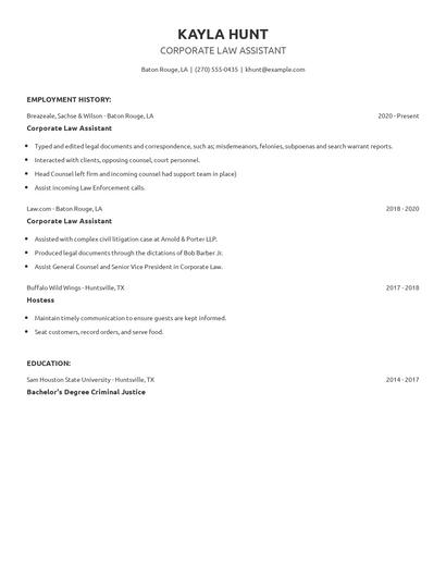 Corporate Law Assistant Resume
