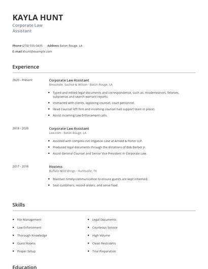 Corporate Law Assistant Resume