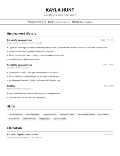 Corporate Law Assistant Resume