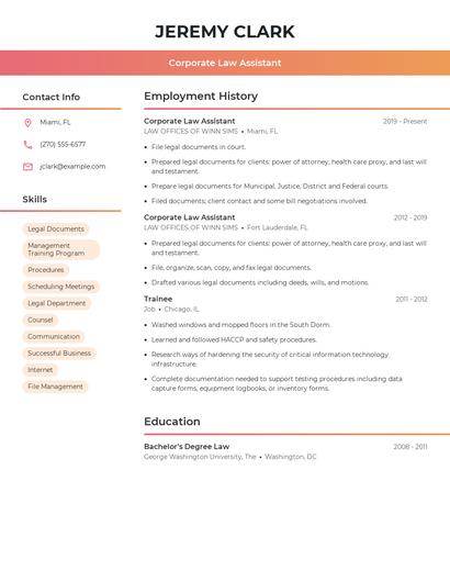 Corporate Law Assistant Resume