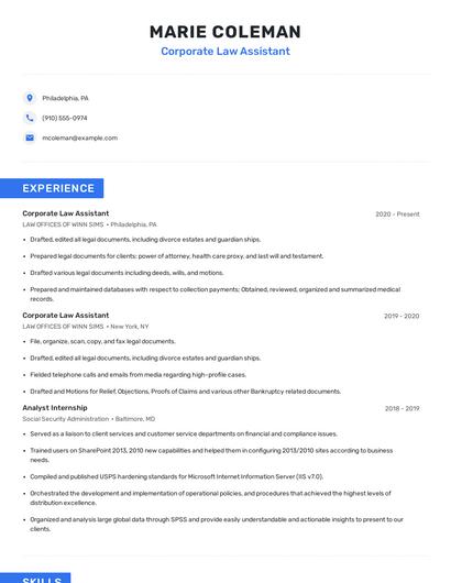 Corporate Law Assistant Resume