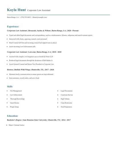 Corporate Law Assistant Resume