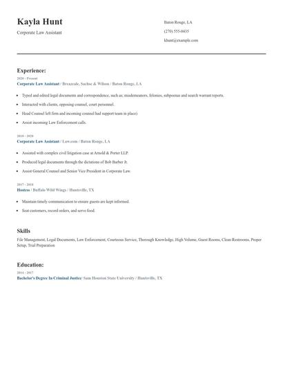 Corporate Law Assistant Resume