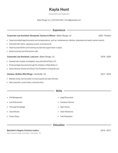Corporate Law Assistant Resume