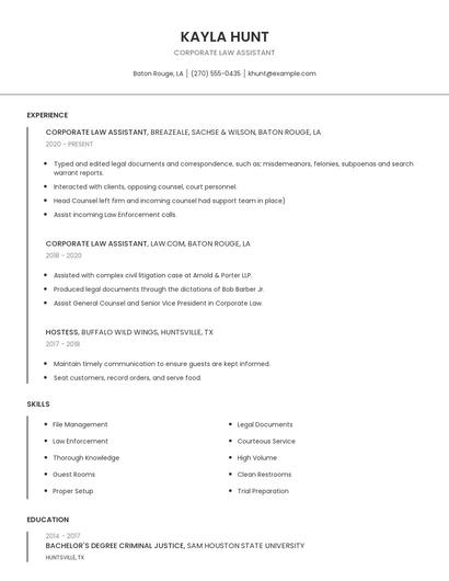 Corporate Law Assistant Resume
