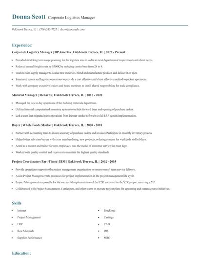 Corporate Logistics Manager Resume