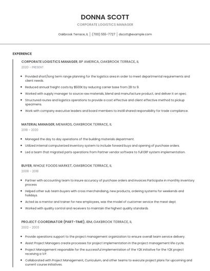 Corporate Logistics Manager Resume