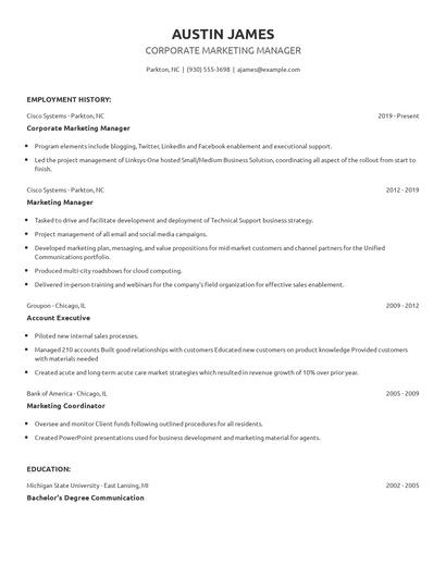 Corporate Marketing Manager Resume