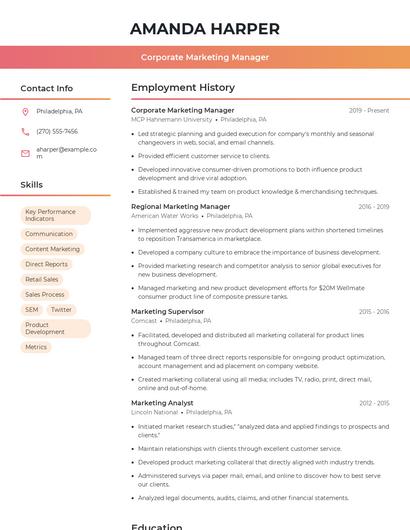 Corporate Marketing Manager Resume