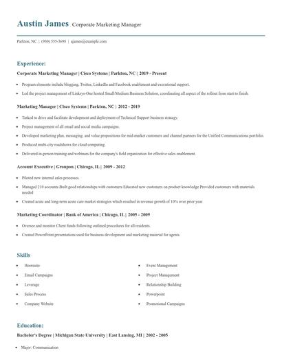 Corporate Marketing Manager Resume
