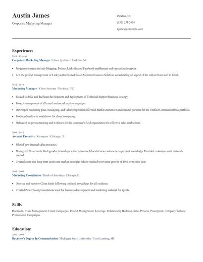 Corporate Marketing Manager Resume