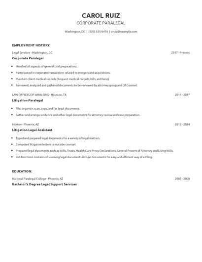 Corporate Paralegal Resume