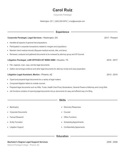 Corporate Paralegal Resume