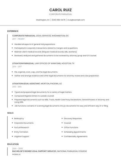 Corporate Paralegal Resume