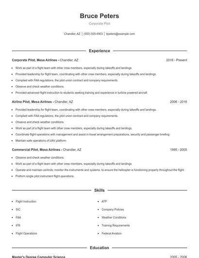 Corporate Pilot Resume