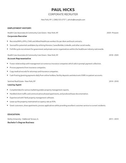 Corporate Recruiter Resume