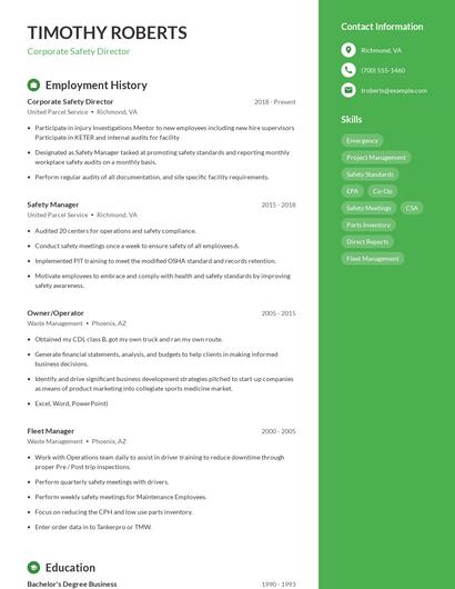 Corporate Safety Director Resume