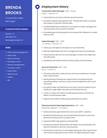 Corporate Sales Manager Resume