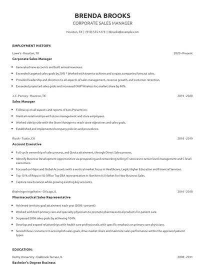 Corporate Sales Manager Resume
