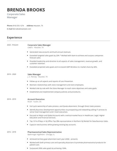 Corporate Sales Manager Resume