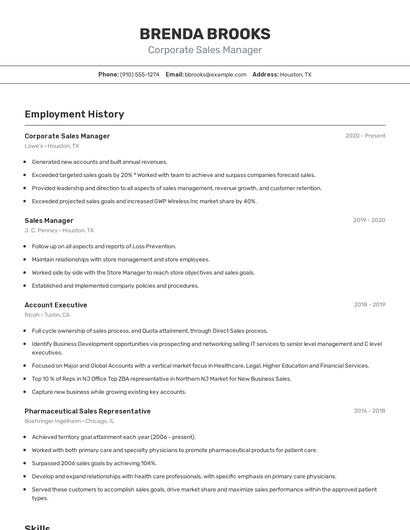 Corporate Sales Manager Resume