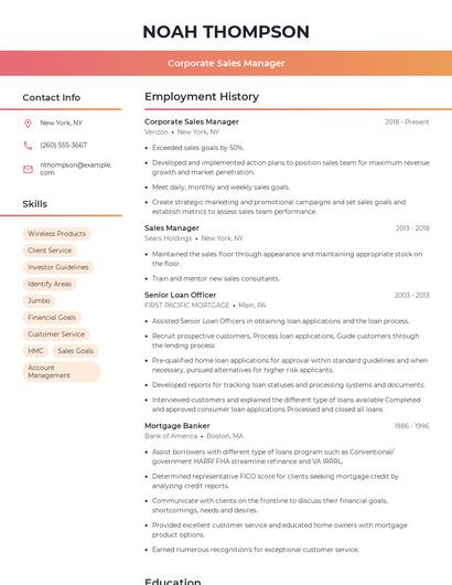 Corporate Sales Manager Resume