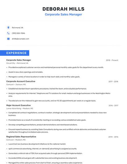 Corporate Sales Manager Resume