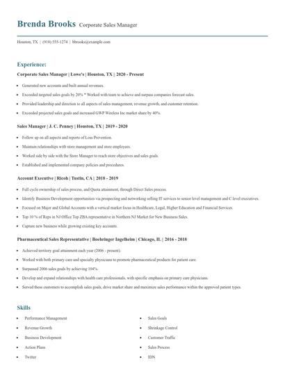 Corporate Sales Manager Resume